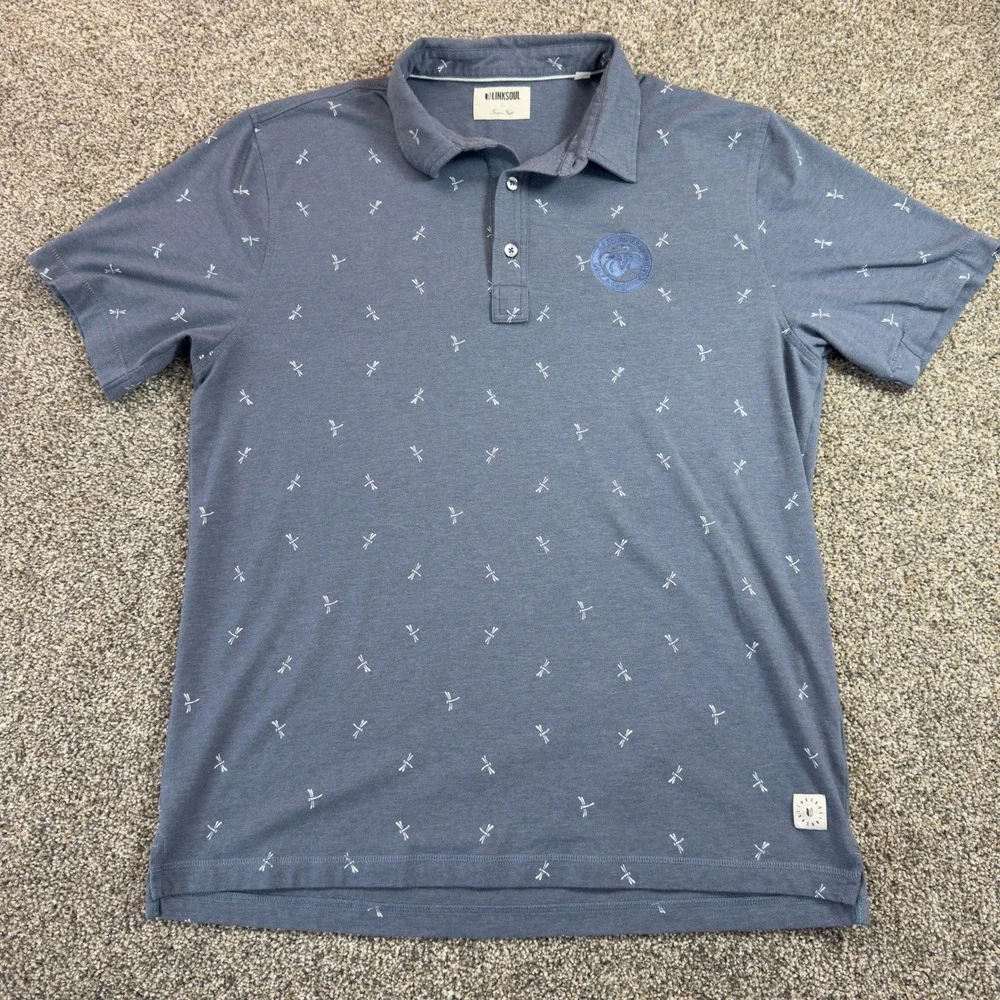 Linksoul‎ Mens Dragonfly Print Golf Polo Blue Short Sleeve Large Casual Stretch